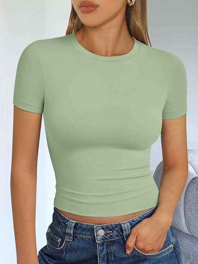 Trendy Queen Womens Short Sleeve T Shirts - Buttery Soft Summer Crop Tops Slim Fit Y2k Basic Tees for Workout