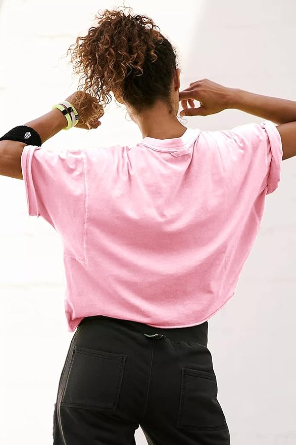Women's Oversize Workout Crop Tops Casual Short Sleeve Drop Shoulder Boxy T-Shirts Roll Hem Basic Loose Yoga Running Tees