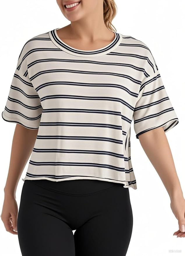 Women's Oversize Workout Crop Tops Casual Short Sleeve Drop Shoulder Boxy T-Shirts Roll Hem Basic Loose Yoga Running Tees