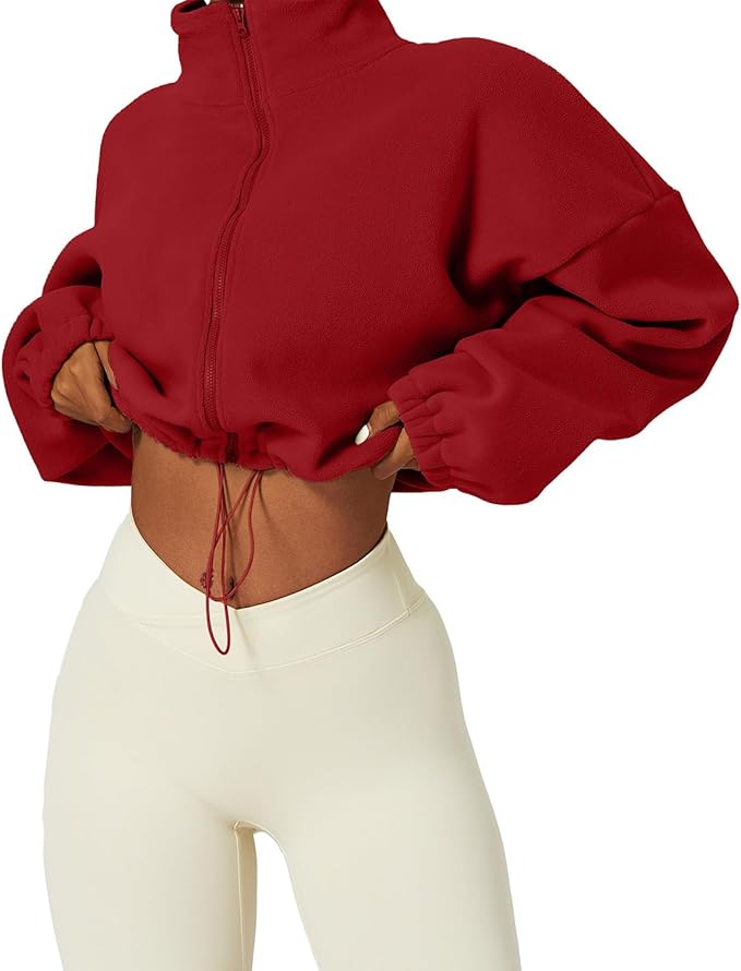 QINSEN Women's Full Zip Fleece Short Jacket Warm Winter Long Sleeve Stand Collar Sherpa Crop Coat