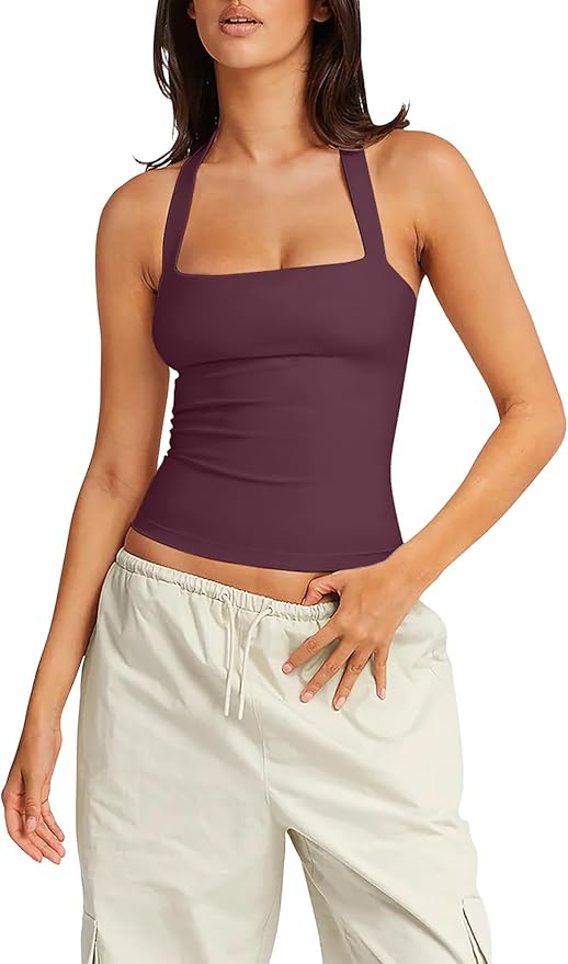 LASLULU Womens Sexy Halter Sports Bra Workout Tops Wirefree Sleeveless Gym Yoga Tank Tops Y2k Casual Crop