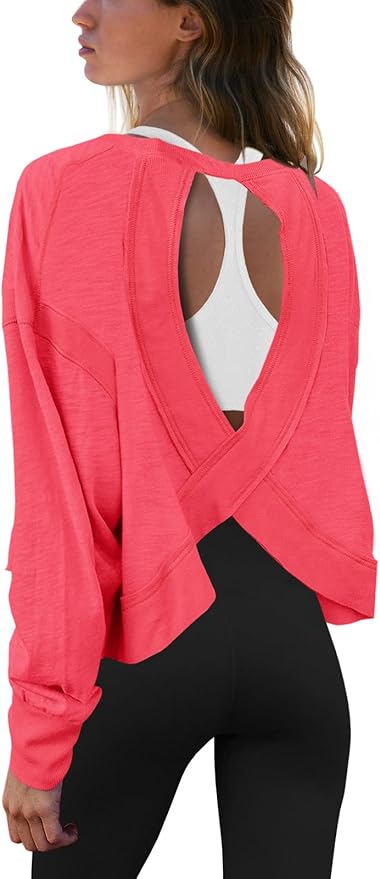 Panadila Womens Open Back Workout Top Long Sleeve Athletic Shirts Casual Crop Running Tee Y2k Yoga