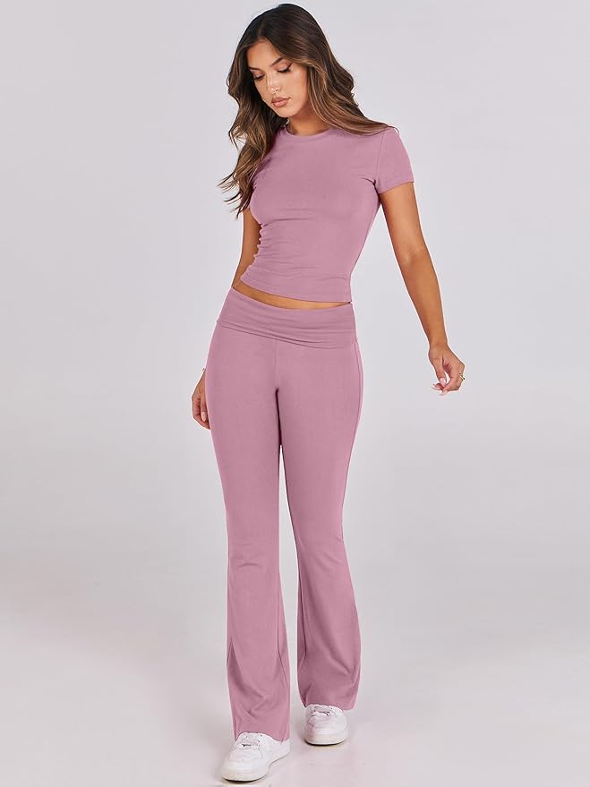 ANRABESS Lounge Sets for Women 2 Piece Foldover Yoga Flare Leggings Pants Crop Tops Casual Y2K Outfits Matching Tracksuit Set