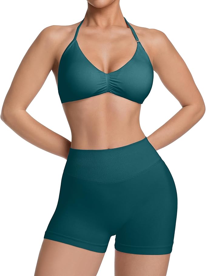 Comper 2 Piece Workout Sets for Women Halter Strappy Sports Bra with Seamless Ribbed Gym Yoga shorts Outfits