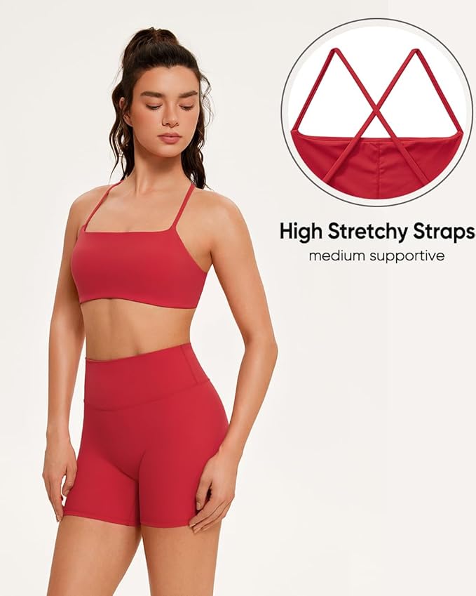 OMKAGI Workout Sets for Women Open Back Strappy Sports Bra Booty Biker Shorts Gym Outfits