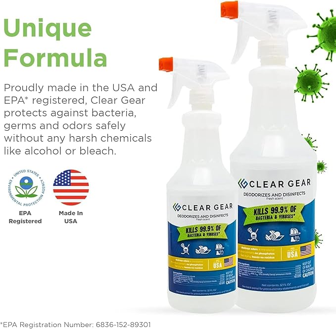 Clear Gear Gym Disinfectant, Yoga Mat Cleaner, Deodorizer For Sports Equipment, Gyms, and Fitness Centers - Mixed Pack - 16 Oz and 32 Oz Bottle Hospital grade Disinfectant Spray Pack