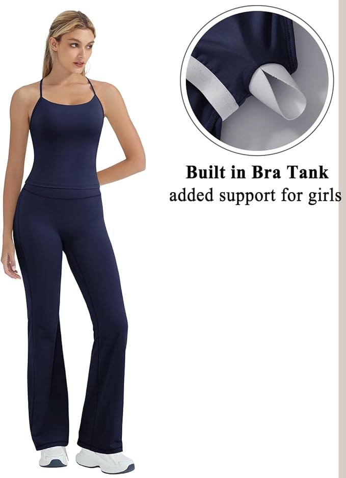OMKAGI 2 Piece Workout Sets for Women Padded Tank Tops Flare Leggings Pilates Outfits