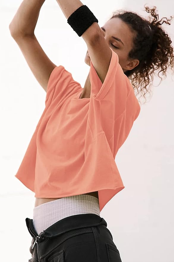 Women's Oversize Workout Crop Tops Casual Short Sleeve Drop Shoulder Boxy T-Shirts Roll Hem Basic Loose Yoga Running Tees