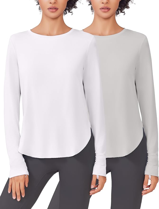 PINSPARK 2 Pack Long Sleeve Workout Tops for Women UV Protection Soft Workout Tops Lightweight Athletic Running Hiking Shirt