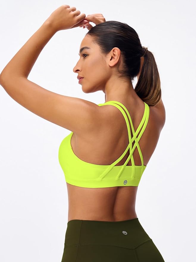 Women's Strappy Sports Bras Light Compression Crop Criss Cross Back Padded Workout Yoga Bra Supportive U Neckline