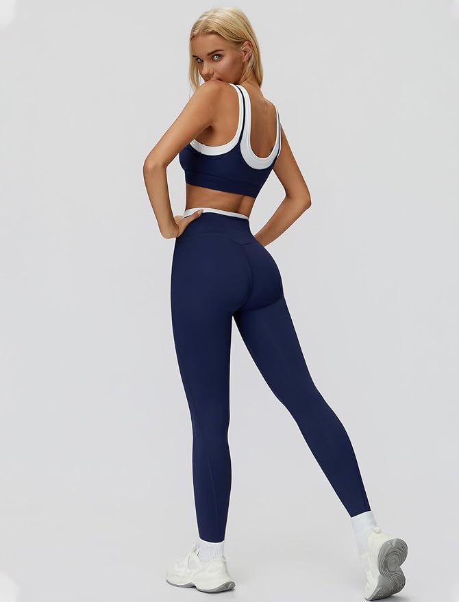 Women 2 Piece Workout U Back Color Block Sports Bra High Waist Active Leggings Yoga Pilates Outfits