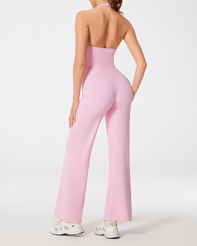 RXRXCOCO Halter Workout Sets for Women 2 Piece Padded Crop Tank Tops Straight Leg Yoga Pants Outfits with Hidden Pocket