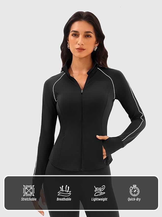 Cropped Workout Jackets for Women Running,Lightweight Yoga Tops Athletic Jacket Slim Fitted,Full Zip Up with Pockets