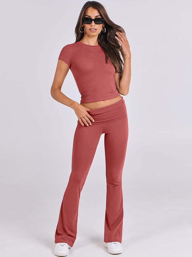 ANRABESS Lounge Sets for Women 2 Piece Foldover Yoga Flare Leggings Pants Crop Tops Casual Y2K Outfits Matching Tracksuit Set