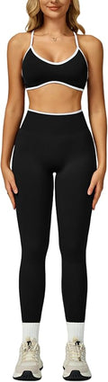 ABOCIW Womens 2 Piece Workout Sets Seamless Color Block Sports Bra Scrunch Butt Lifting High Waist Leggings Gym Set