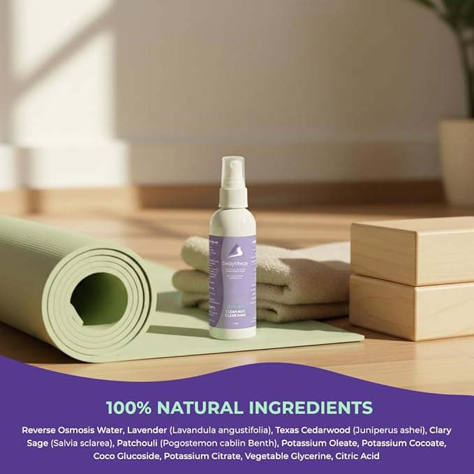 SwaytAway Travel Yoga Mat Cleaner Spray & Towel Kit, 4oz – Non Slip, No Rinse Plant-Based Lavender Essential Oil Mist for Gym, Pilates & Hot Yoga – Made in USA