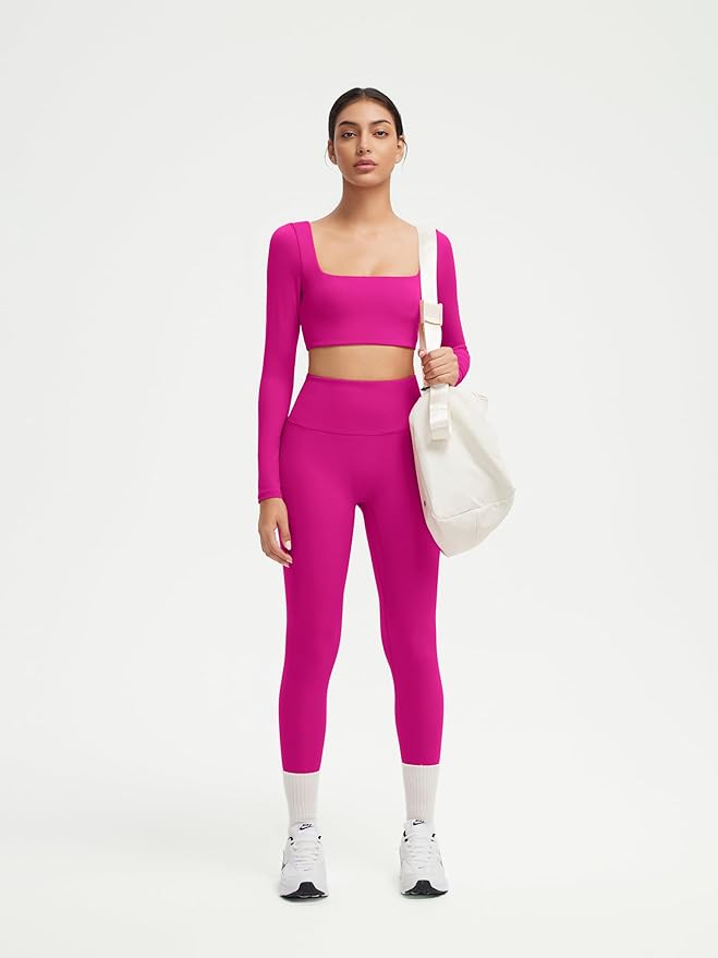 SUUKSESS Women 2 Piece Workout Sets Compression Tummy Control Leggings with Pockets Long Sleeve Square Neck Padded Crop Tops