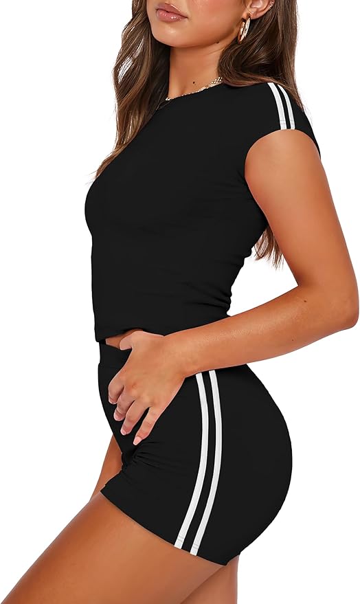 NIASHOT Womens Two Piece Lounge Sets Summer Contrast Side Stripes 2 Piece Workout Athletic Outfits Matching Clothing Set