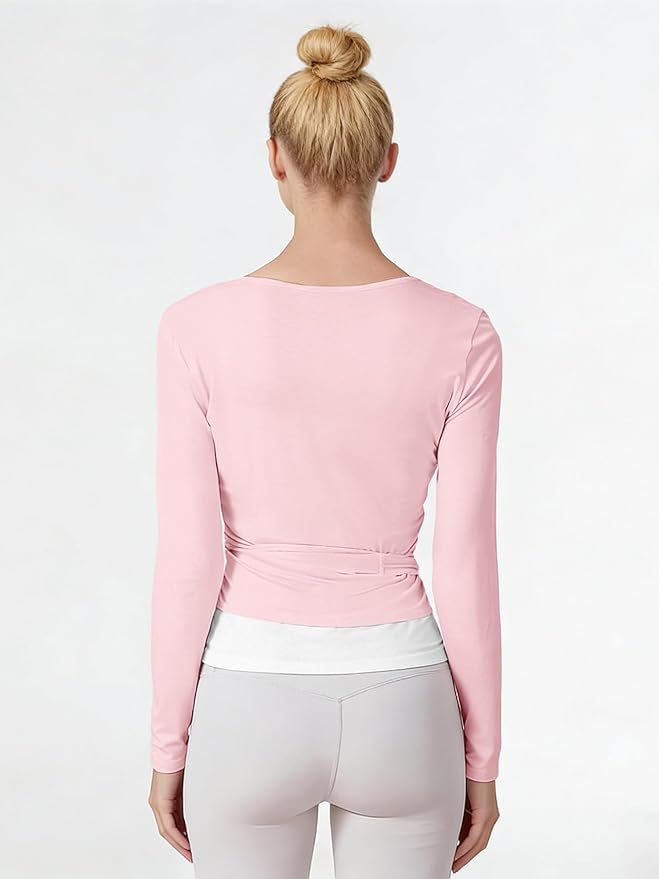 Women Pilates Wrap Top Ballet Tie Workout Shirt Long Sleeve Cross Sexy Deep V Neck Yoga Coquette Blouses Y2k Active Gym