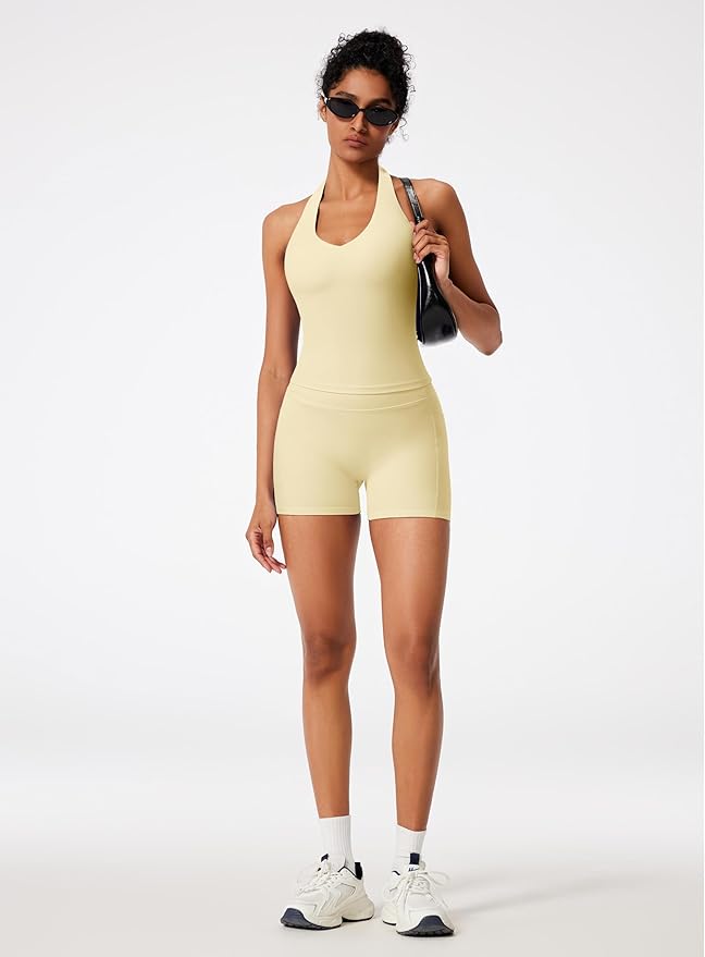 RXRXCOCO Halter Workout Sets for Women 2 Piece V Neck Tank Tops Hidden Scrunch Booty Shorts Gym Outfits with Pockets