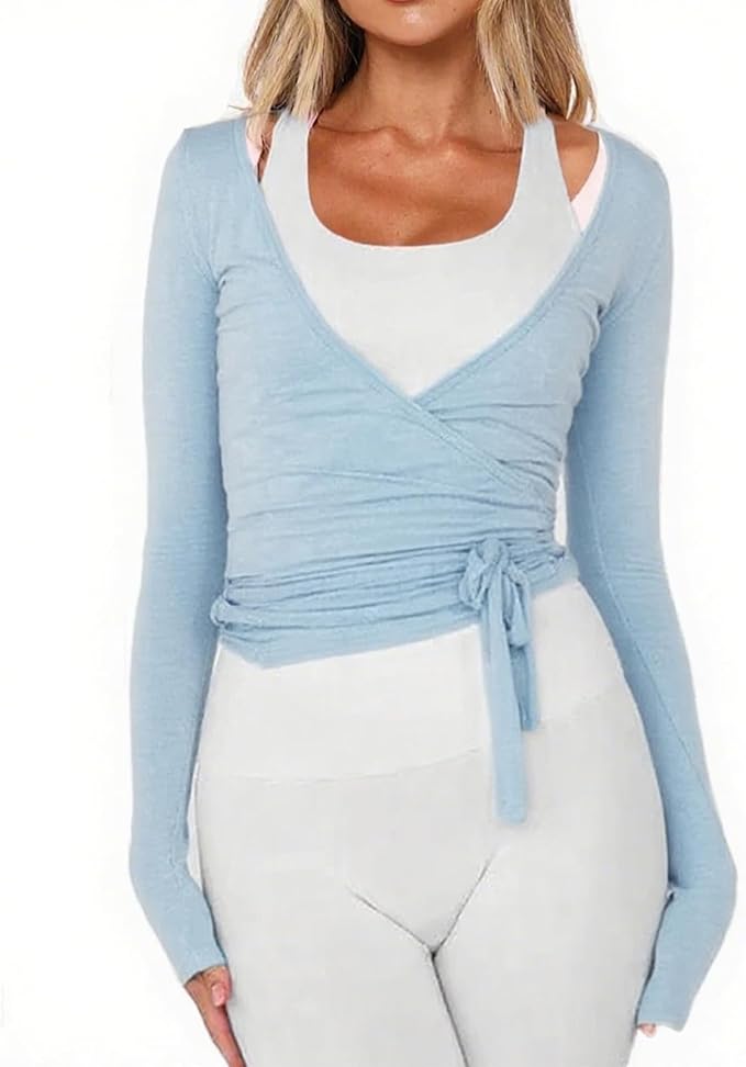 Women Wrap Tie Top Y2k Long SLeeve Ballet Workout Yoga Shirt Coquette Blouses