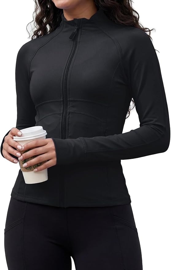 Waitfairy Zip Up Jackets for Women Yoga Gym Top Running Workout Jackets for Woman Track Jacket Women with Thumb Holes
