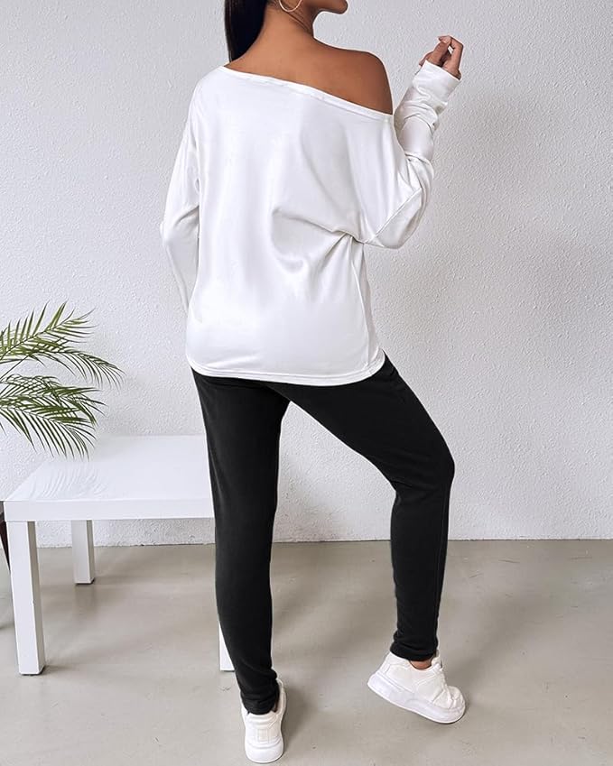 CHICME Women Tracksuit Fall 2 piece Outfits Off The Shoulder Long Sleeve Tops and Pants Set Travel Outfits