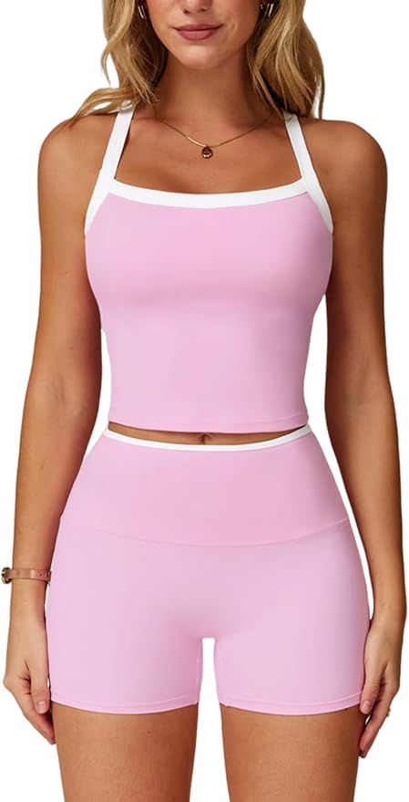 Women 2 Piece Workout Sets Padded Criss Cross Back Crop Tank High Waist Tummy Control Shorts Yoga Outfits
