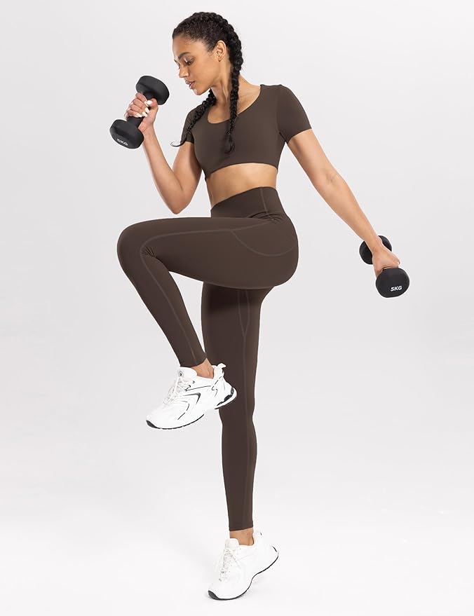 ENERBLOOM Workout Leggings with Pockets for Women High Waist Yoga Pants 25"/28" Cream Soft Lightweight Athletic Gym Tights