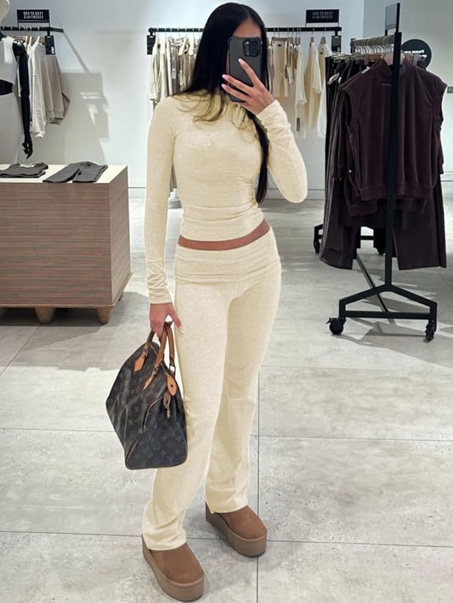 ZFLM Casual Workout Two Piece Outfits Long Sleeve High Waist Fold-Over Flared Leggings Pants Tracksuit Sets Streetwear