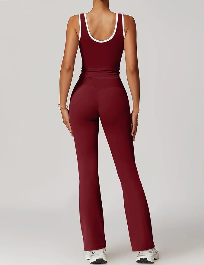 OLCHEE Womens Workout Sets 2 Piece Gym Yoga Outfits Crossover Flare Leggings Crop Tank Top with Contrast Trim