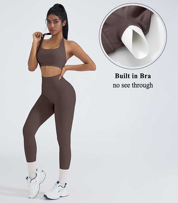OMKAGI 2 Piece Workout Sets for Women Halter Sports Bras Gym Sets Booty Leggings Outfits