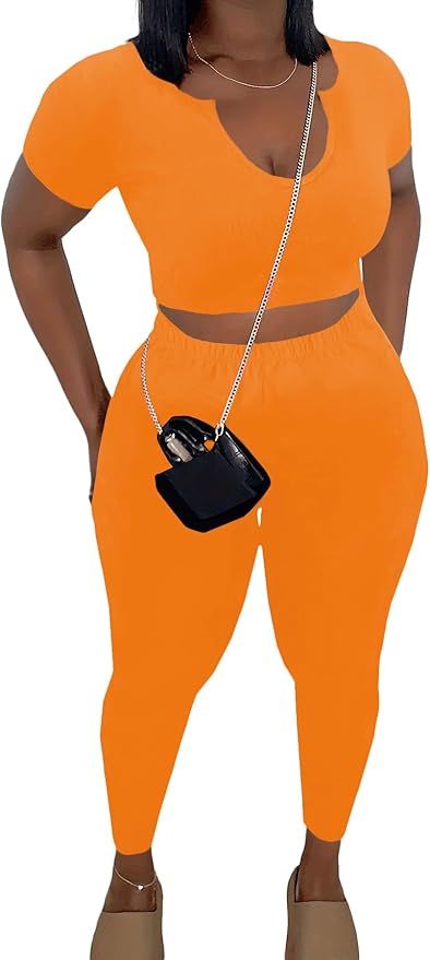Nimsruc 2 Piece Sets For Women Sexy Casual Workout Crop Short Sleeve Long pants Leggings Sets Summer Active Wear