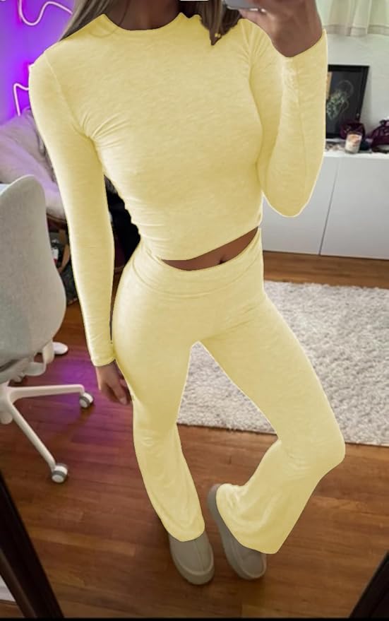 ZFLM Casual Workout Two Piece Outfits Long Sleeve High Waist Fold-Over Flared Leggings Pants Tracksuit Sets Streetwear