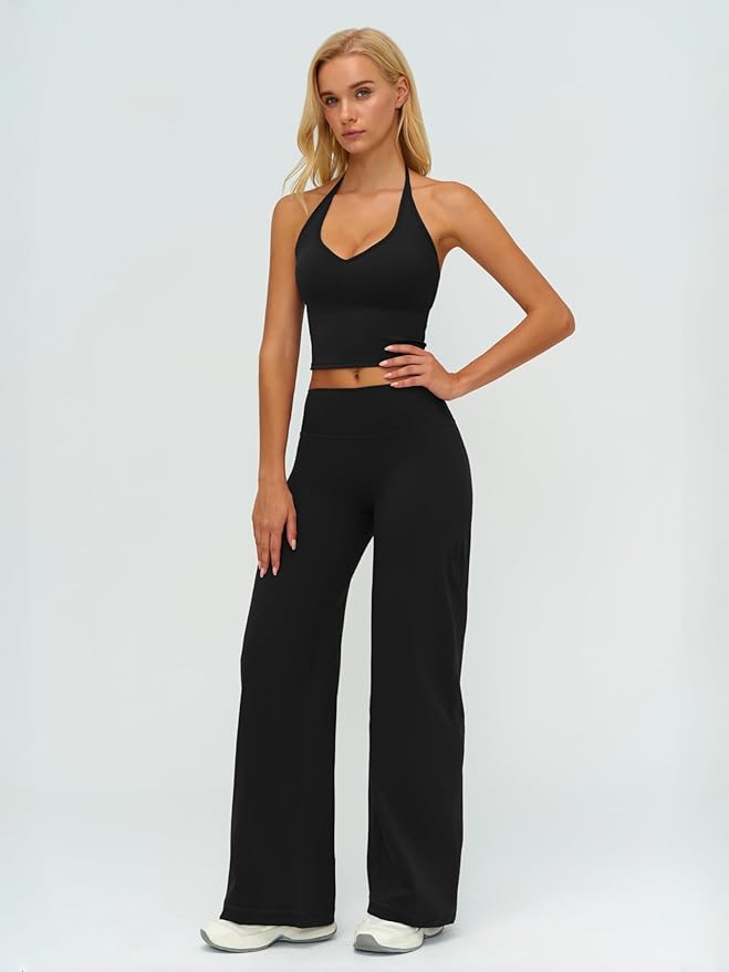 ABOCIW Womens Workout Sets 2 Piece Spaghetti Straps Crop Top Straight Leg Yoga Pants Yoga Pilates Outfits