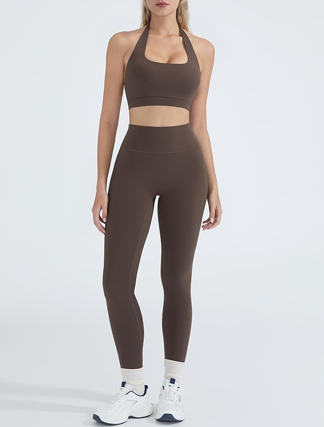 OMKAGI 2 Piece Workout Sets for Women Halter Sports Bras Gym Sets Booty Leggings Outfits