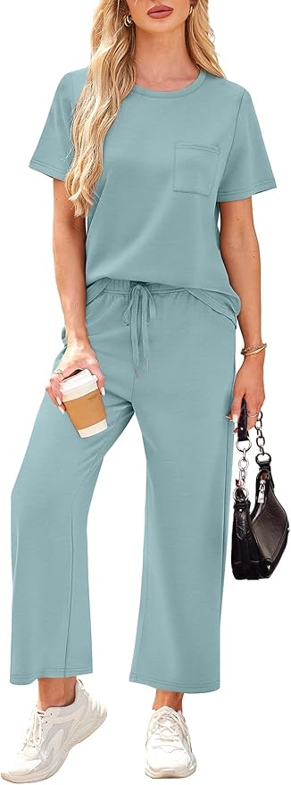 WIHOLL 2 Piece Sets for Women Casual Summer Travel Vacation Outfits Short Sleeve Wide Leg Crop Pants Lounge Sets