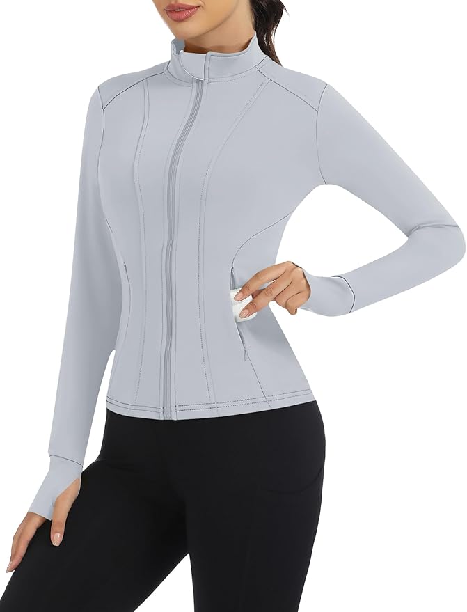 Loovoo Women's Workout Jacket Lightweight Zip Up Athletic Jackets Cropped Slim Fit Running Yoga Tops with Pockets