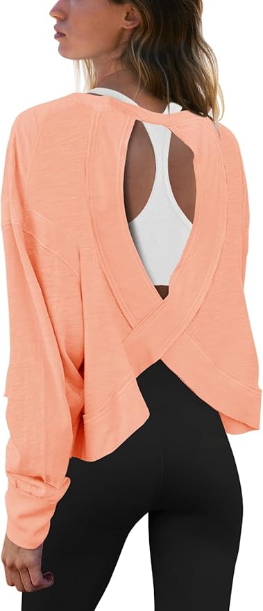 Panadila Womens Open Back Workout Top Long Sleeve Athletic Shirts Casual Crop Running Tee Y2k Yoga