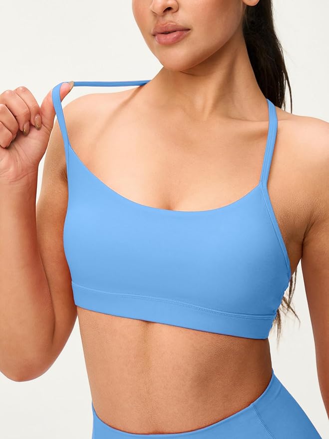 Womens Y Back Padded Sports Bra Strappy U Neck Butter Soft Low Impact Workout Bras Yoga Pilates Walking