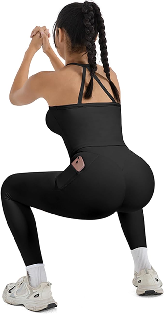 SUUKSESS Women 2 Piece Workout Sets Compression Tummy Control Leggings with Pockets Halter Built in Bra Tank Tops