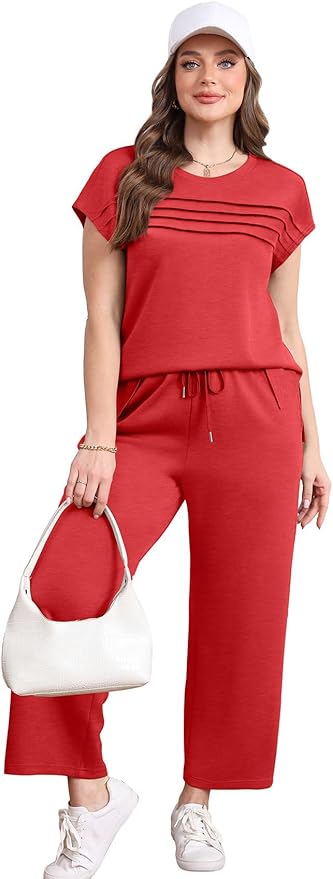 WIHOLL Two Piece Sets for Women Summer Spring Travel Vacation Outfits Cap Sleeve Lounge Matching Sets Wide Leg Pants S-3XL