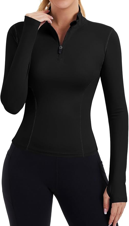 ZHENWEI Womens Workout Tops Long Sleeve Quarter Zip Pullover Quick Dry Golf Shirt Athletic Slim Fit Crop Yoga Gym Tops