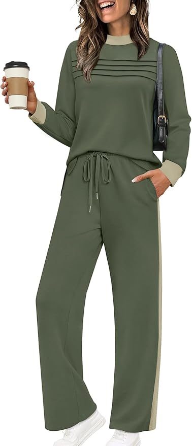 WIHOLL Two Piece Sets for Women Spring Travel Vacation Outfits 2026 Long Sleeve Lounge Sets Side Slit Wide Leg Pants S-3XL