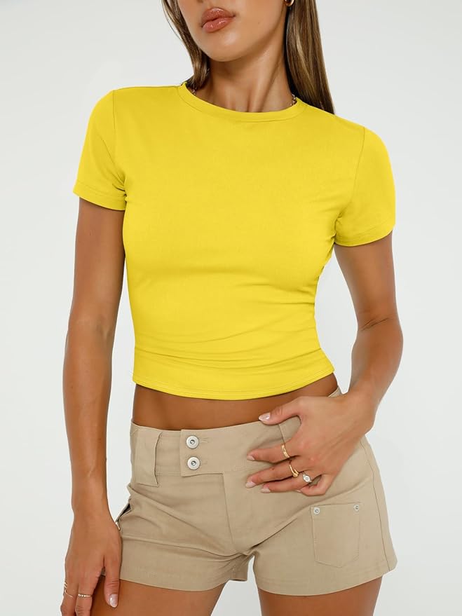 Trendy Queen Womens Short Sleeve T Shirts - Buttery Soft Summer Crop Tops Slim Fit Y2k Basic Tees for Workout