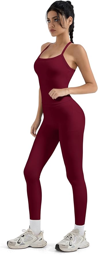 SUUKSESS Women 2 Piece Workout Sets Compression Tummy Control Leggings with Pockets Halter Built in Bra Tank Tops
