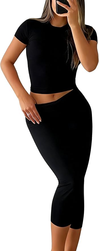 YETOWA Womens 2 Piece Workout Sets High Waisted Tummy Control Crop Top Capri Leggings Stretchy Soft Activewear