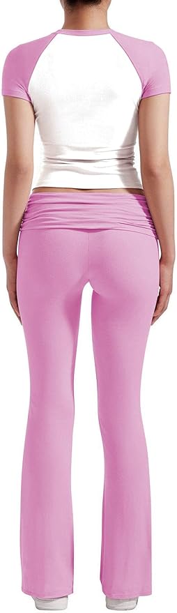YETOWA Women's 2 Piece Lounge Outfits Slim Short Sleeve Tops Low Rise Flare Leggings Sets Yoga Sweatsuit