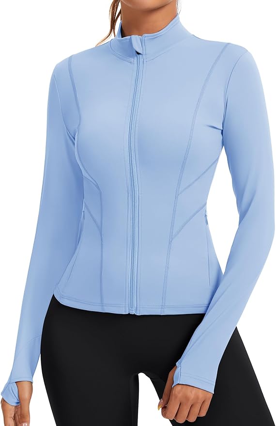 Rapbin Women's Slim Fit Workout Jackets Full Zip Long Sleeve Running Athletic Tops Yoga Shirts with Thumb Holes