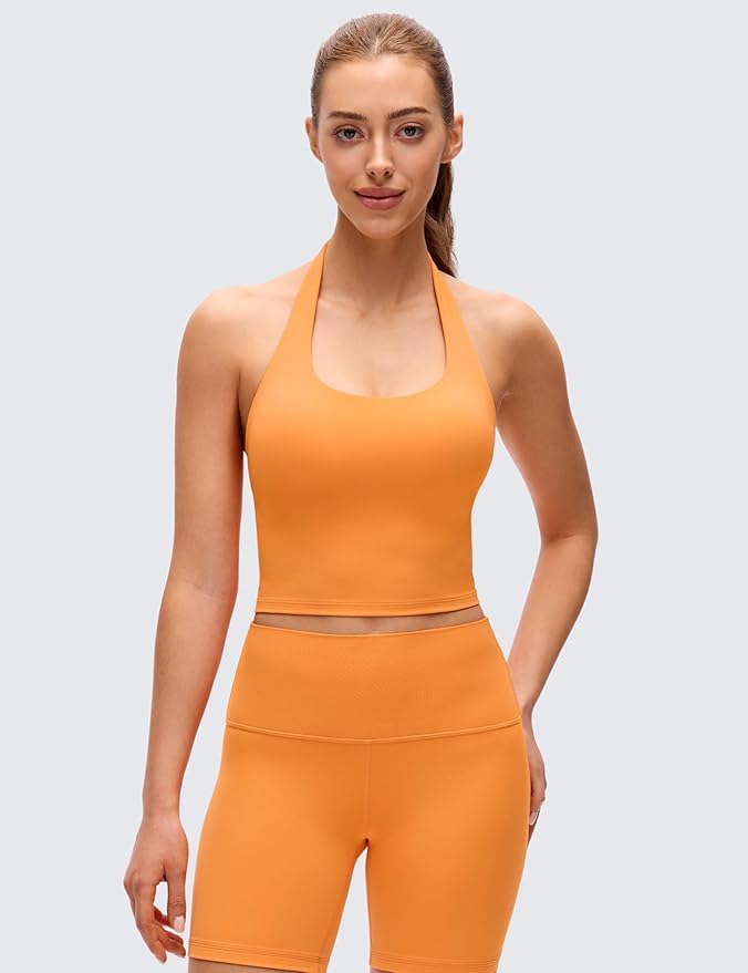CRZ YOGA Butterluxe Halter Crop Tank Tops for Women - Open Back Padded Longline Sports Bras Workout Gym